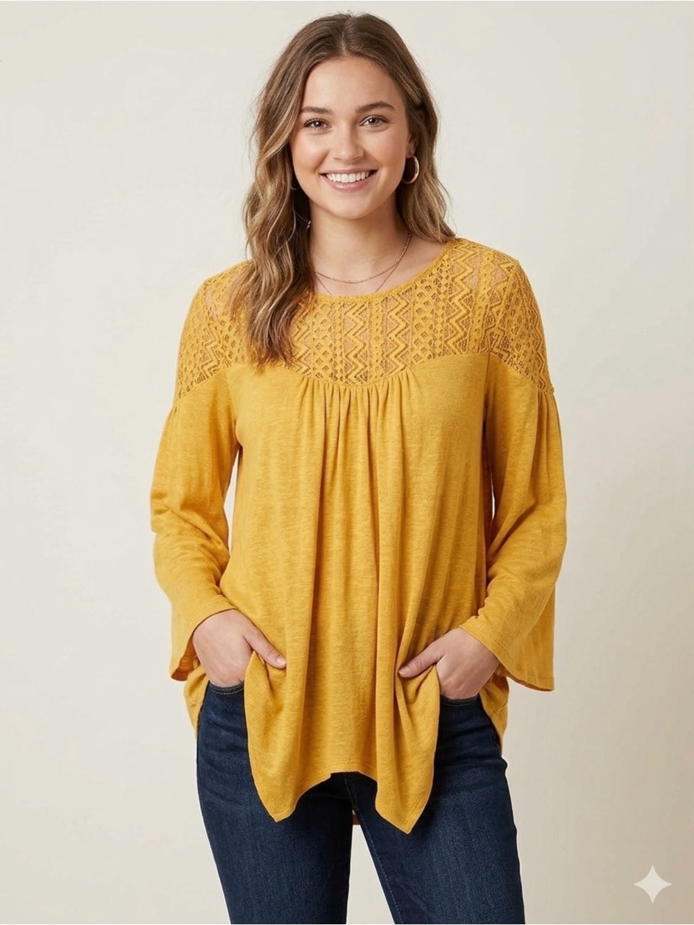Cupio Mustard Lace Yoke Long Sleeve Tunic
